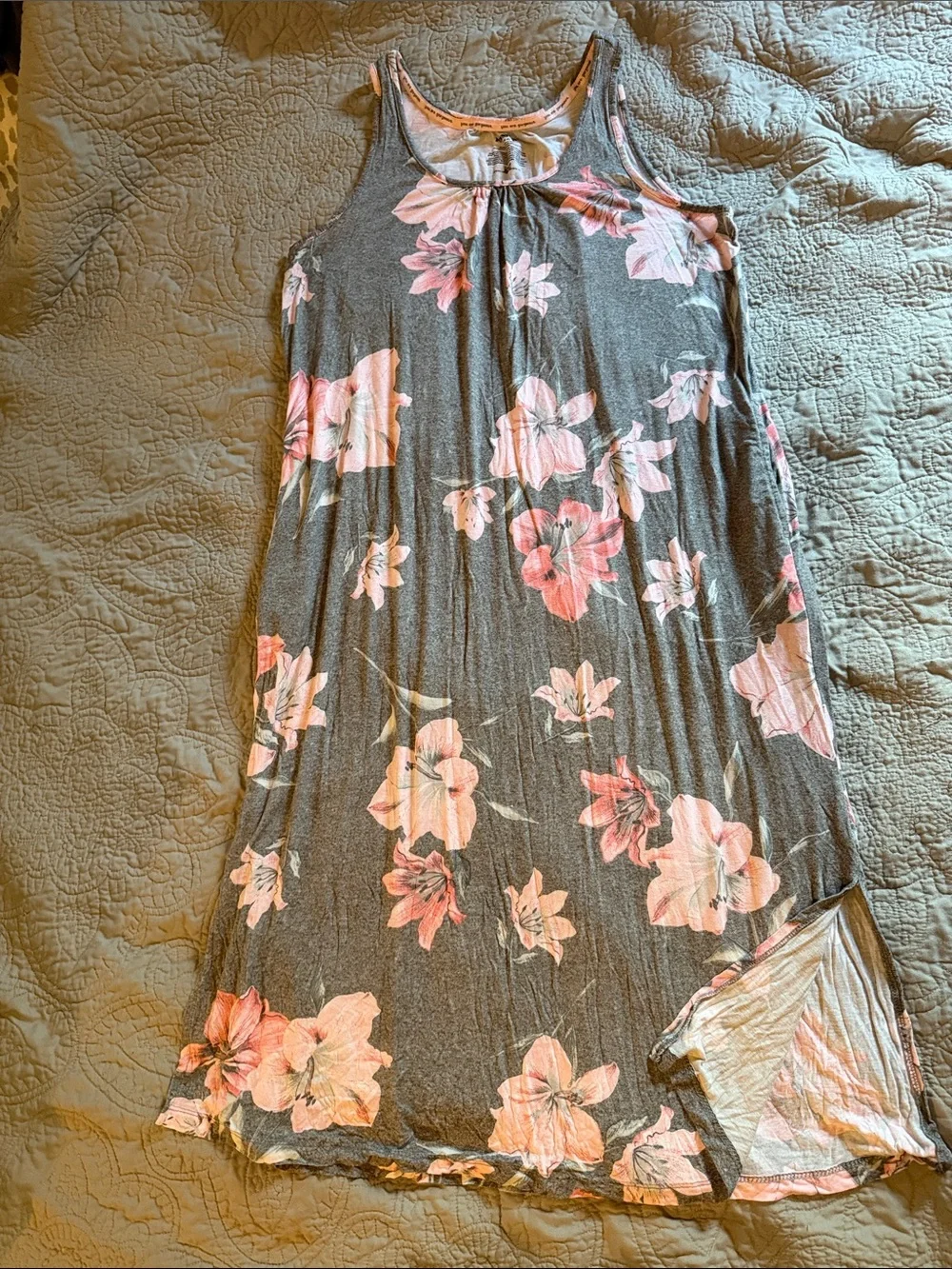 Grey Floral Maxi sleeveless nightgown with Pink Blooms by Joy Spun